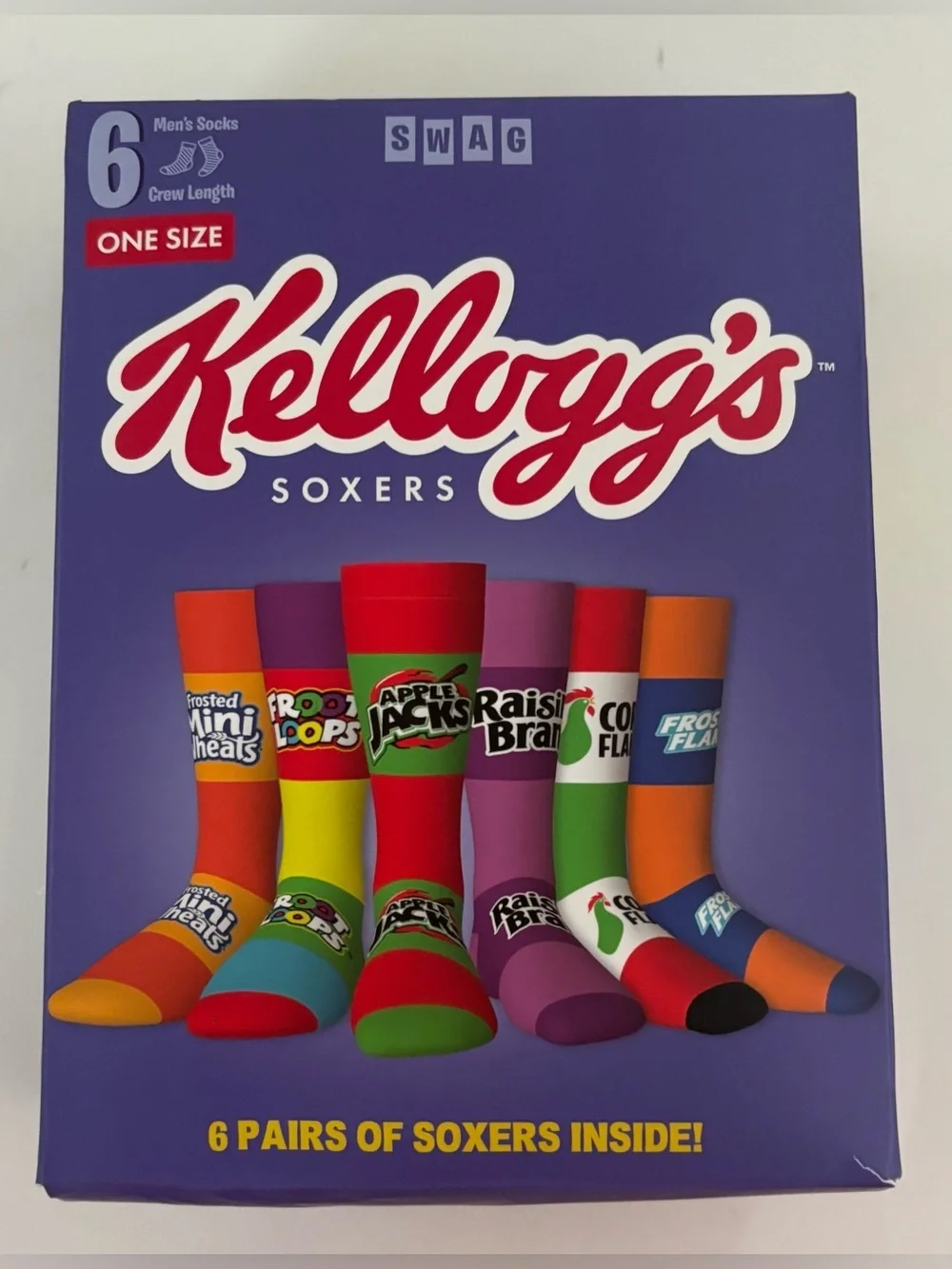 Kelloggs mens crew soxer socks 6 pairs NEW NWT cereal One size